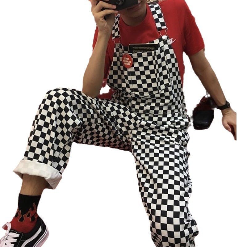 Black-white Checkerboard Plaid Loose Suspender Long Pants - Little Commodities