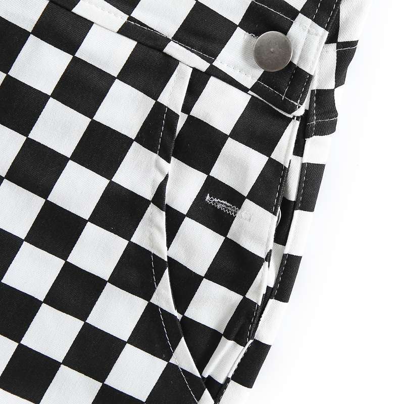 Black-white Checkerboard Plaid Loose Suspender Long Pants - Little Commodities