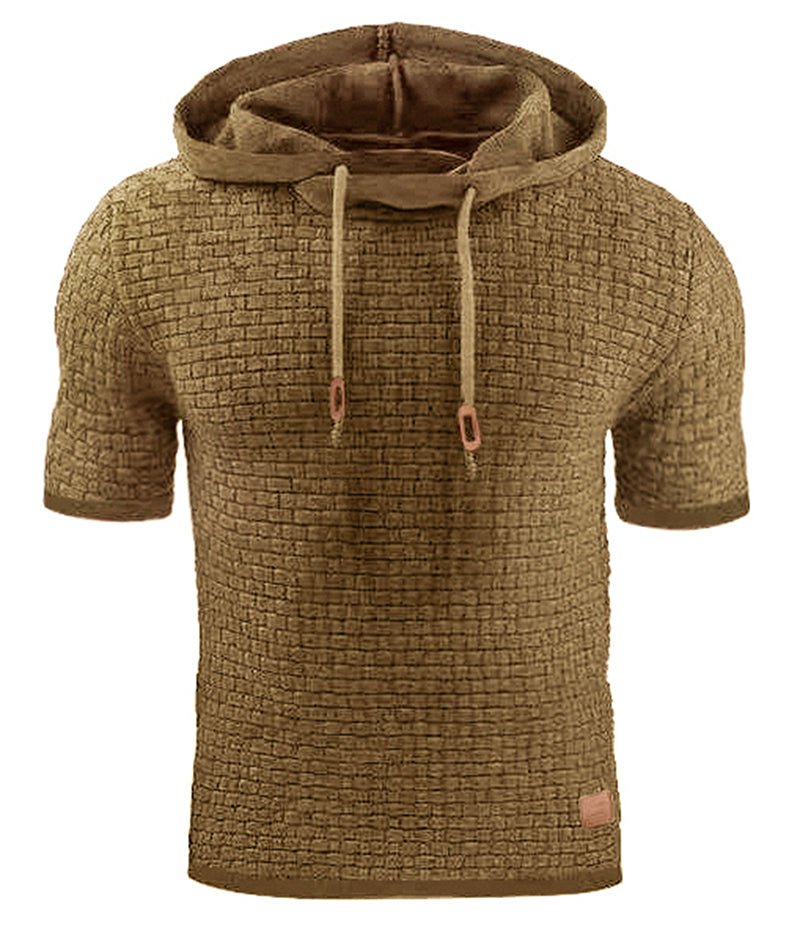 Mens Hooded Sweatshirt Short Sleeve Solid Knitted Hoodie Pullover Sweater - Little Commodities